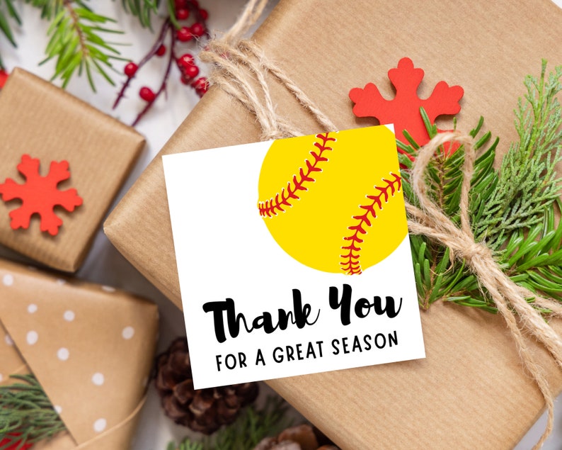 Puede incluir: Etiqueta de regalo blanca con una pelota de softball amarilla con costuras rojas. La etiqueta tiene texto negro que dice "Gracias por una gran temporada".