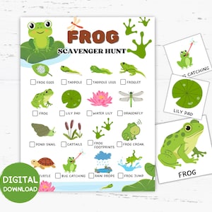 May include: A Frog Scavenger Hunt activity sheet featuring illustrations of frogs, tadpoles, lily pads, and pond life with checkboxes for each item. The sheet includes text labels for each image and three separate square cards with frog-themed graphics.