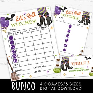Puede incluir: Imprimibles del juego de Bunco con temática de Halloween. El diseño presenta el texto "Let's Roll Witches!" con botas de bruja, murciélagos y botellas de pociones. Incluye hojas de puntuación y tarjetas de mesa.