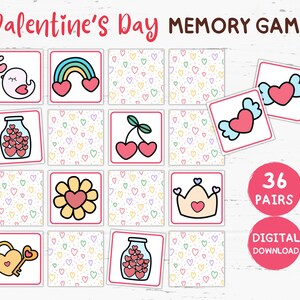 Valentinstag Memory-Spiel zum Ausdrucken, Valentinstag Memory Spiel, Memory Spiel für Kinder, Memory Kartenspiel, Karteikarten, Partyspiel