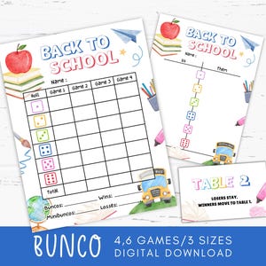 Cartões de pontuação Bunco para impressão de volta às aulas, planilha de Bunco para escola, planilhas de contagem de Bunco, atividades de jogos de volta às aulas, lembrancinhas para festas temáticas