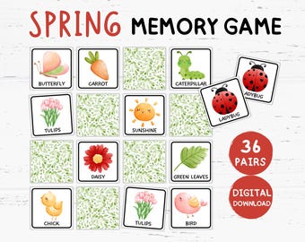 Spring Memory Game Printable for Kids, Spring Matching Game, Spring Matching Activities, Spring Flashcards, Spring Birthday Theme