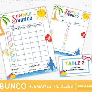 Cartões de pontuação do Bunco de verão para impressão, Folha de Bunco de verão, Folhas de contagem de Bunco de verão, Atividades de verão, Lembrancinhas de festa com jogos temáticos de verão