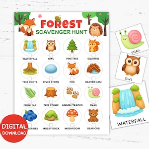 Waldschnitzeljagd für Kinder, druckbares Naturabenteuerspiel, Camping, lustige pädagogisch wertvolle Aktivität für Wanderungen, Parks, Lager