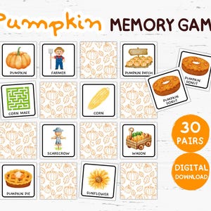 Könnte beinhalten: Ein Memory-Spiel mit Kürbis-Illustrationen. Das Spiel enthält Karten mit Bildern von Kürbissen, einem Bauern, einem Maislabyrinth, Mais, einer Vogelscheuche, einem Wagen, einem Kürbiskuchen, einer Sonnenblume und Kürbis-Donuts. Das Spiel hat 30 Paare.
