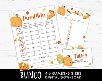 May include: Printable Bunco game sheets with a pumpkin theme. The sheets feature illustrations of pumpkins, autumn leaves, and pie. Text includes "Pumpkin", "Name", and game score boxes. A small card reads "Table 2" with game instructions.