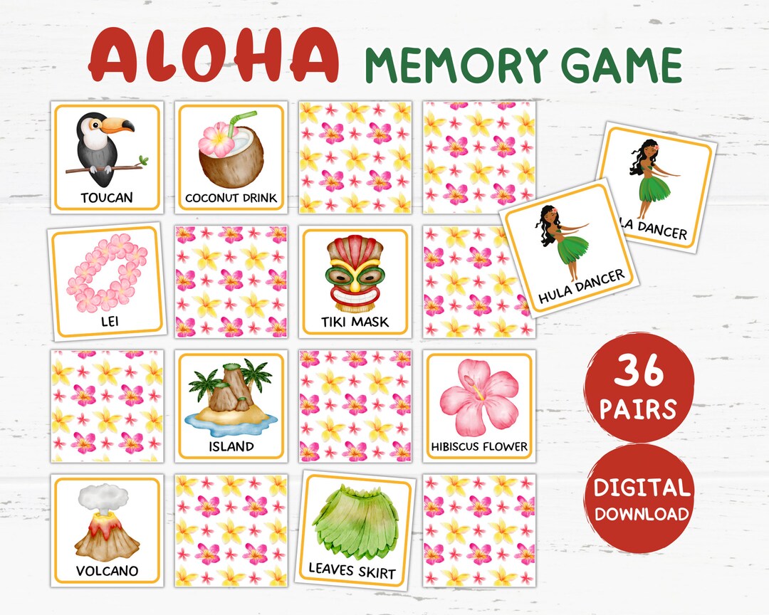 Aloha Memory Game Printable, Hawaiian Matching Game, Hawaii Flashcards