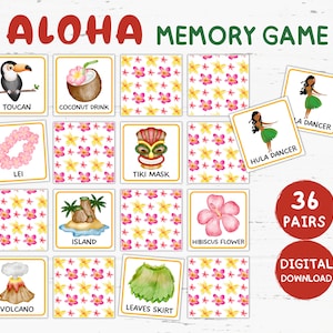 Juego de memoria Aloha imprimible, juego de correspondencias hawaiano, tarjetas didácticas de Hawaii, juego de memoria de verano, ideas de juegos de fiesta de cumpleaños, actividades de verano
