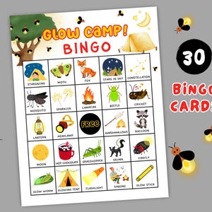 Jeu de bingo Glow Camp imprimable, 30 cartes, activité de nuit de camping, jeux de feu de camp, thème de fête de camp d'été, jeu familial amusant, bingo de camping