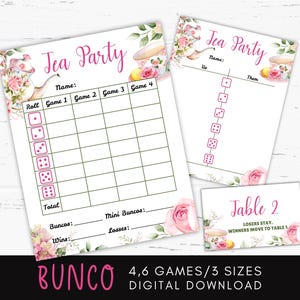 May include: A set of printable Bunco game sheets with a floral tea party theme. The sheets include spaces for names, game scores, and totals. The design features pink roses, teacups, and the text "Tea Party."