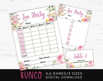 Tarjetas de puntuación imprimibles de Bunco para la fiesta del té (4 y 6 juegos), hojas de conteo, actividades para la fiesta del té, recuerdos de cumpleaños con temática de fiesta del té, descarga digital