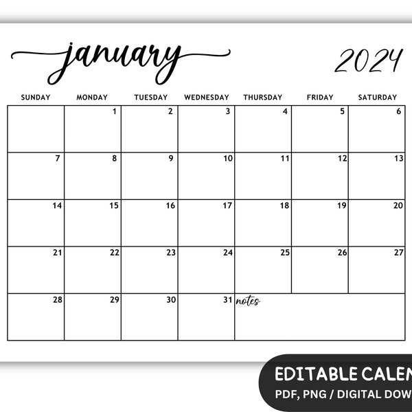 Editable January Calendar 2024, Printable Calendar January 2024, Simple Calendar Template, Minimalist Calendar PDF, Family Calendar Template