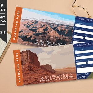 Boleto de viaje sorpresa de Arizona, boleto sorpresa, tarjeta de lugar de tarjeta de embarque, plantilla de boleto de avión, boleto de vacaciones, boleto de regalo