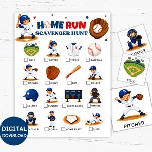 May include: A baseball-themed scavenger hunt game sheet featuring the text HOME RUN SCAVENGER HUNT, with illustrations of players, equipment, and a scoreboard. Includes checkboxes for items like field, batter, jersey, baseball, glove, bat, and home plate.