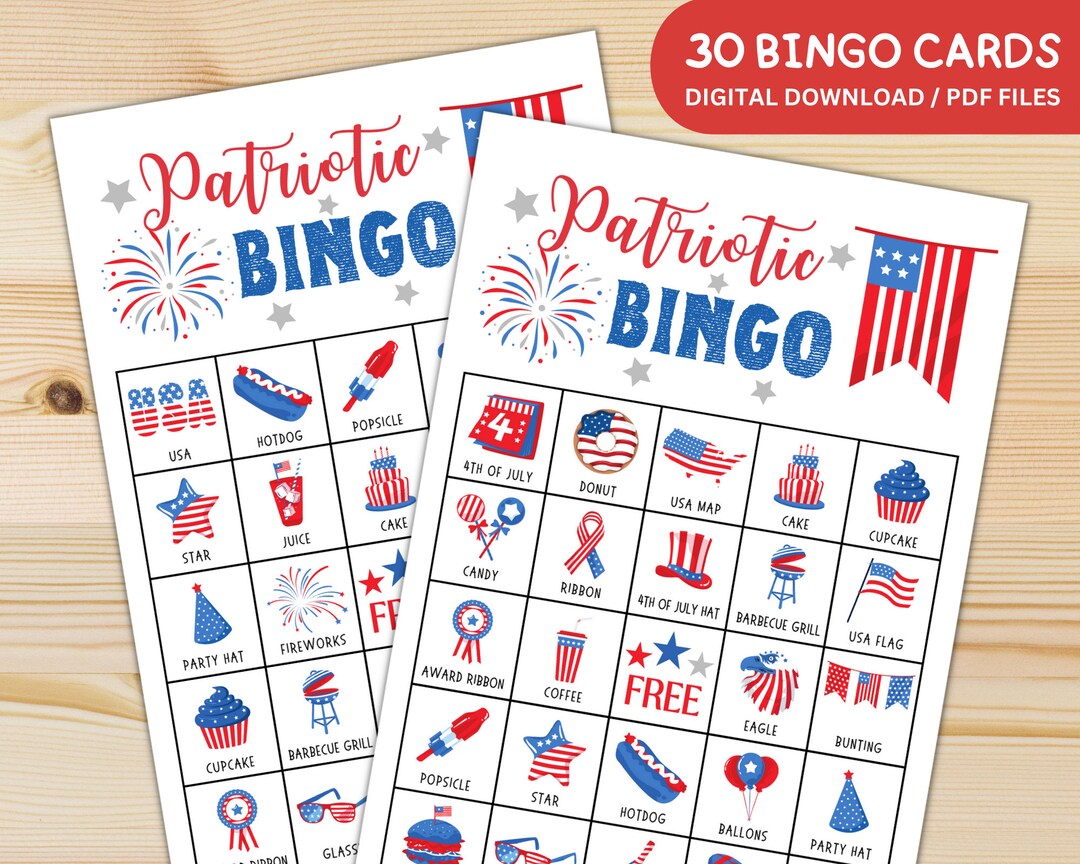 Patriotic Bingo Cards Printable 4th of July Bingo Game Etsy