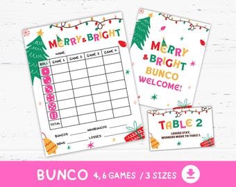 Merry and Bright Christmas Bunco Score Cards Bundle Printable, Tally Sheets, Xmas Party Games, Christmas Activities Theme Ideas Digital
