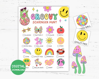 Groovy Back to School Scavenger Hunt Cards Printable, Retro 70s Scavenger Hunt, Groovy Classroom, Retro 70s Theme Party Games Favors