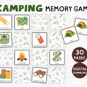 Jeu de mémoire de camping à imprimer, Cartes mémoire de camping, Jeux de camping, Fiches d'activités de camping, Cadeaux pour soirée à thème camping, Salle de classe de camping
