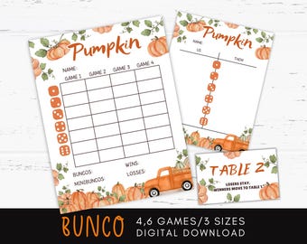 May include: Printable pumpkin-themed game sheets featuring a bingo card, score sheet, and table card. The design includes orange pumpkins, green vines, and an orange truck. The word "Pumpkin" is written in a decorative font. Ideal for autumn games.