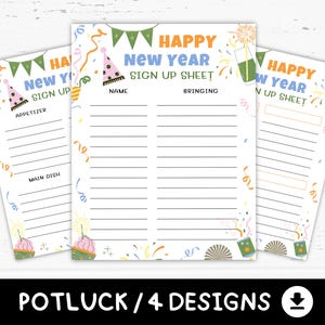 Hoja de registro imprimible para comida compartida de Año Nuevo, comida compartida navideña, comida compartida de invierno, actividades de Año Nuevo, recuerdos digitales para fiestas familiares de Año Nuevo