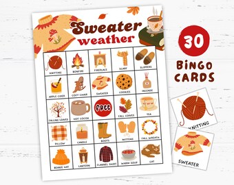 Sweater Weather Fall Bingo Game 30 Printable Cards, Fall Bingo, Fall Party Ideas, Fall Activities, Fall Birthday, Autumn Party Games