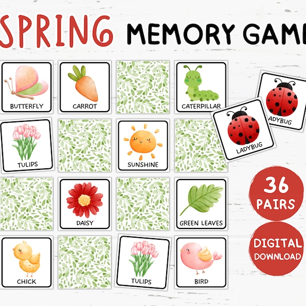 Spring Memory Game Printable for Kids, Spring Matching Game, Spring Matching Activities, Spring Flashcards, Spring Birthday Theme