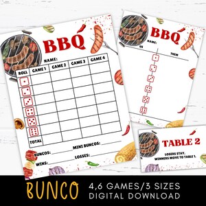 May include: A set of BBQ-themed Bunco game cards. The cards feature illustrations of grilled food, dice, and the word "BBQ" in red. The set includes score sheets, a team score card, and a table card. The bottom of the image reads "BUNCO" and "DIGITAL DOWNLOAD".