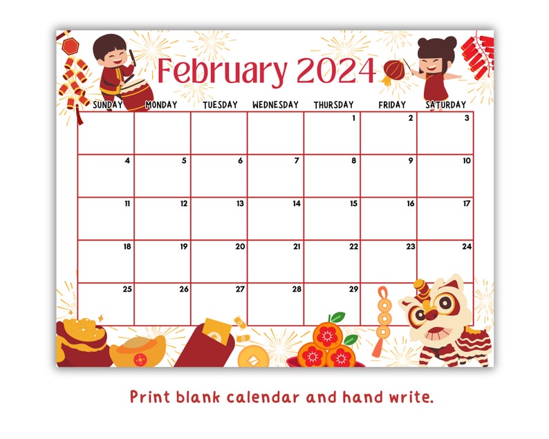 EDITABLE February 2024 Calendar Printable, Lunar New Year Calendar 2024 