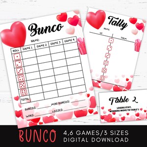 Tarjetas de puntuación de Bunco para el día de San Valentín imprimibles, hojas de conteo de corazones rojos, juegos de fiesta de San Valentín, ideas para fiestas de galantines, actividades de San Valentín