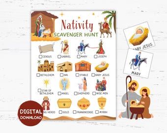 Nativity Scavenger Hunt Cards Printable, Christmas Scavenger Hunt, Nativity Games, Nativity Activities for Kids, Nativity Family Party Favor