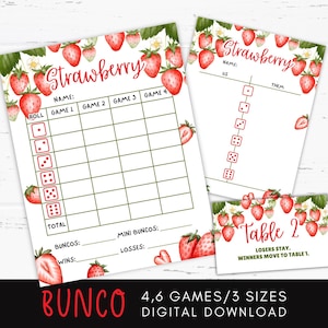 May include: A set of printable strawberry-themed Bunco game sheets. The sheets include spaces for names, game scores, and totals, with decorative strawberry and floral designs. The text "Strawberry" is at the top of the sheets.