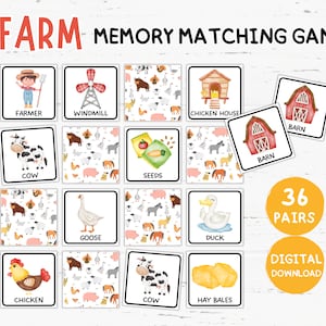 Juego de memoria de granja imprimible para niños, juego de combinación de granja, actividades de combinación de granja, juego de tarjetas de memoria, juego de combinación, juego de fiesta imprimible