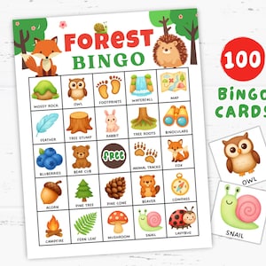 Forest Bingo Spiel 100 Karten, druckbare Bingokarten zum Thema Natur, lustige Lernaktivität für Klassenzimmer, Camps und Homeschool, Campspiele