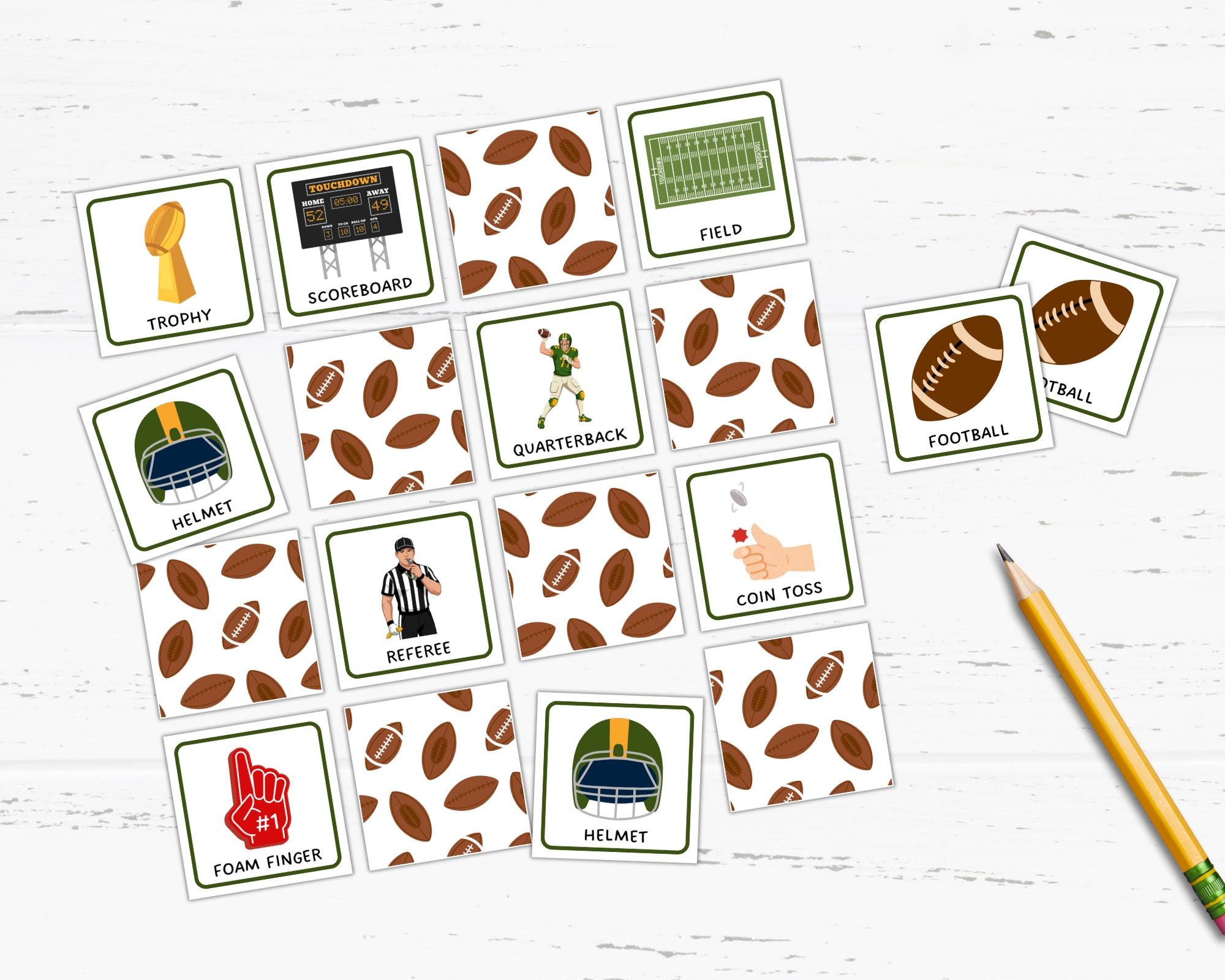 Football Memory Matching Game Printable, Football Flashcards, Football ...
