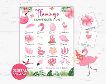Utskrivbar skattjakt för flamingoer, flamingolekar, sommaraktivitetsblad för barn, sommartema-lekar, flamingofödelsedagspresenter