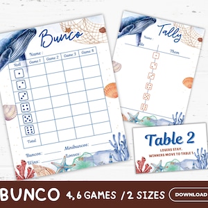 May include: A printable Bunco game scorecard with a blue whale and seashells. The scorecard is designed for 4 or 6 games and includes a tally sheet and a table sign.