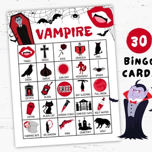 Tarjetas de bingo de vampiros para imprimir, juego de bingo de Halloween, juegos con temática de Halloween, actividades de Halloween, obsequios para fiestas con temática de cumpleaños de vampiros