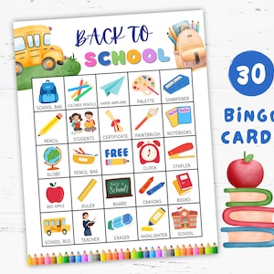Cartões de bingo para imprimir de volta às aulas, bingo escolar, atividades de jogos de volta às aulas para professores, ideias de lembrancinhas para festas temáticas de volta às aulas