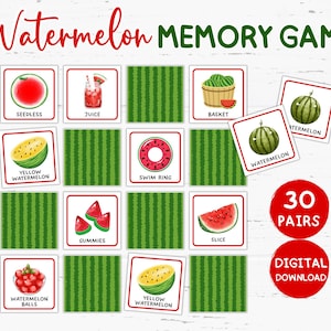 Juego de memoria de sandía imprimible, juego de cartas con temática de frutas para niños, aula con temática de sandía, actividades familiares, juegos infantiles
