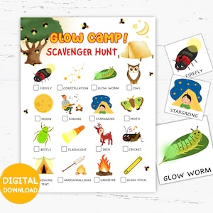 Glow Camp Schnitzerei Jagd druckbar, Camping Nacht lustige Spiele, Familien Lagerfeuer Spiele, Sommer Camp Aktivität, Camping Party Spiel für Kinder