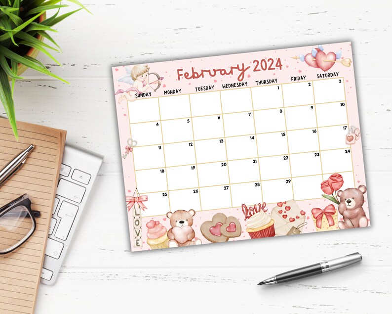 EDITABLE February 2024 Calendar Printable, Teddy Bear Calendar, Red