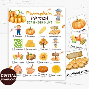May include: A printable "Pumpkin Patch Scavenger Hunt" game featuring watercolour illustrations of pumpkins, a scarecrow, and autumn leaves. Includes a digital download label and checklist boxes.