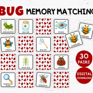 Bug Memory Matching Game for Kids, Printable Insect Learning Activity, Fun Montessori Game for Preschool and Early Learners
