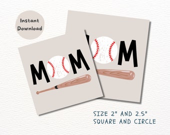 Baseball Favor Tag Square, Circle 2" & 2.5", Mother's Day Gift Tags Printable, Baseball Cupcake Toppers, Sport Cupcake Toppers