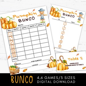 Könnte beinhalten: Ein Satz druckbarer Pumpkin Bunco-Spielblätter. Die Blätter zeigen Aquarellillustrationen von Kürbissen, Vogelscheuchen und Herbstblättern. Die Spielblätter enthalten Felder für Namen, Würfelwürfe und Ergebnisse. Der Text "Pumpkin Bunco" steht oben.