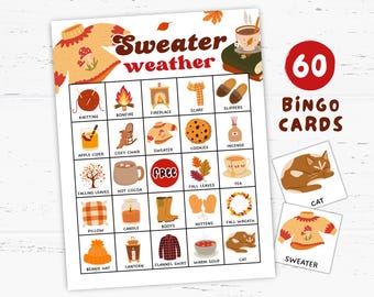 Sweater Weather Fall Bingo Game 60 Printable Cards, Fall Bingo, Fall Party Ideas, Fall Activities, Fall Birthday, Autumn Party Games