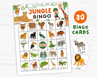 Jungle Bingo Cards Game Printable 30 Cards, Safari Bingo, Jungle Party Games for Kids, Safari Themed Birthday, Safari Learning Activities
