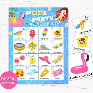 Jogo de caça ao tesouro para festa na piscina, atividade de natação de verão para imprimir para crianças e festas de aniversário, jogos para festa na piscina, festa temática para festa na piscina