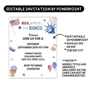 May include: A patriotic invitation with a red, white, and blue theme, featuring an American flag, Statue of Liberty, and fireworks illustrations. The invitation includes event details and instructions for editing in PowerPoint and saving as JPG or PDF. Size is 8.5" x 11".