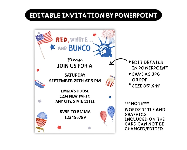 May include: A patriotic invitation with a red, white, and blue theme, featuring an American flag, Statue of Liberty, and fireworks illustrations. The invitation includes event details and instructions for editing in PowerPoint and saving as JPG or PDF. Size is 8.5" x 11".
